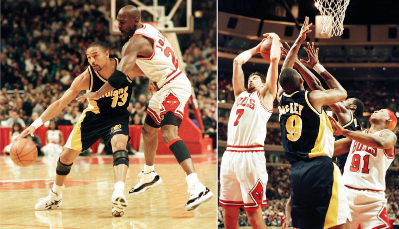 Michael Jordan rides Mark Jackson; Toni Kukoc secures a rebound. Photos via Getty.